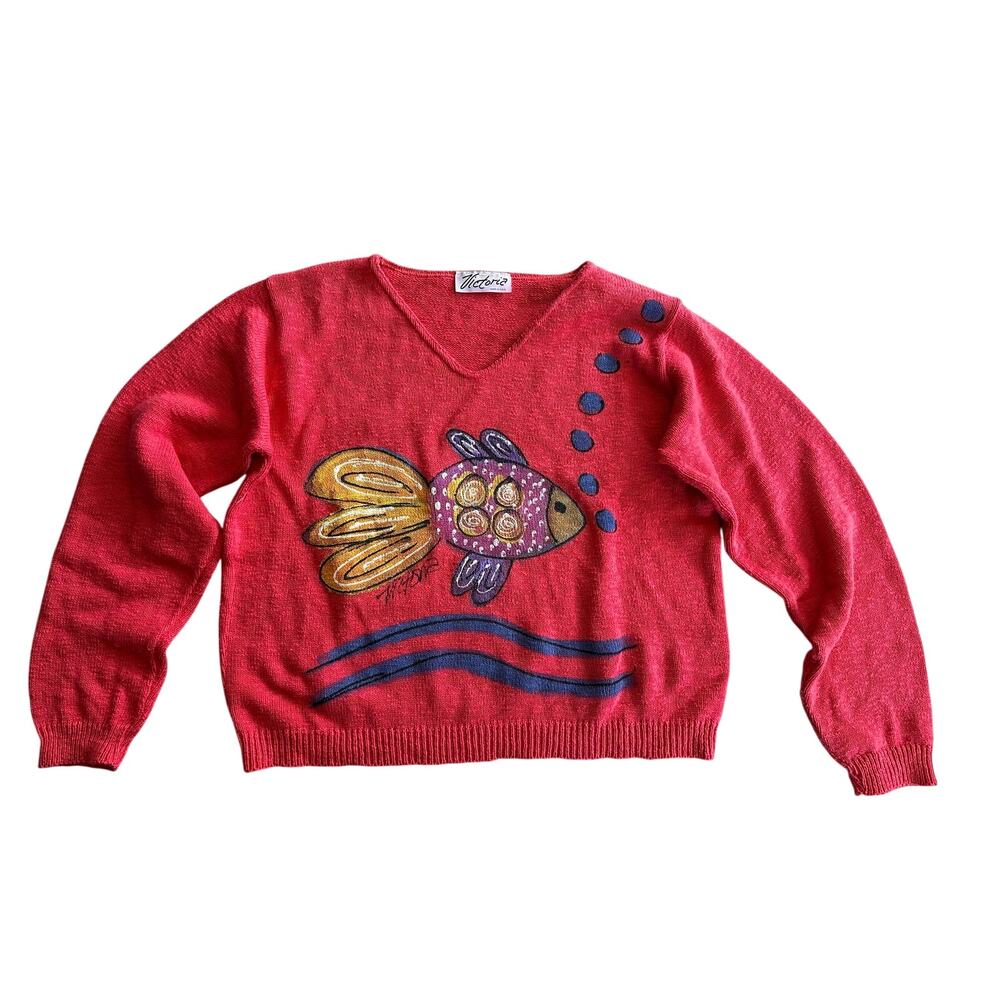 Vintage Victoria Red Fish Whimsical Art V-Neck Sweater Colorful Coastal Knit XL
